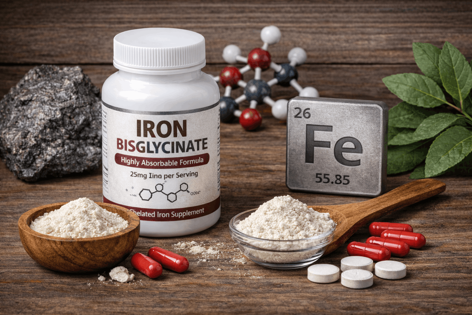 eisenbisglycinat-bioverfuegbarkeit-vegan-lifestyle-supplement-tisch-pulver-pillen