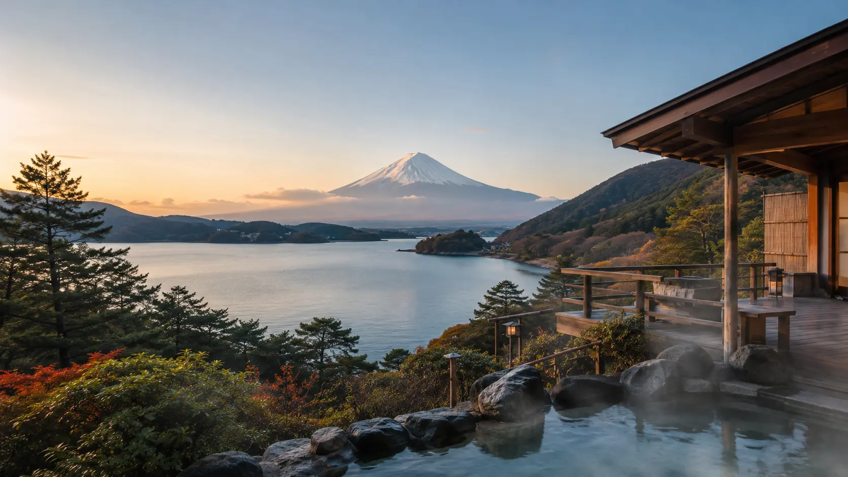 Blick über einen ruhigen See auf den Fuji