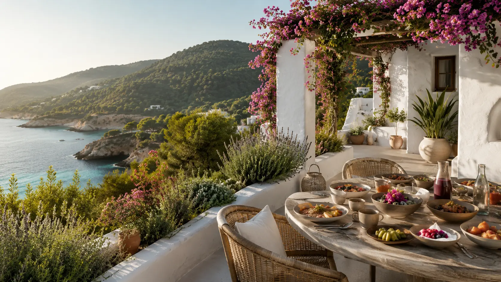 Pflanzliches Frühstück auf einer weiß getünchten Hotelterrasse auf Ibiza mit Bougainvillea und Meerblick
