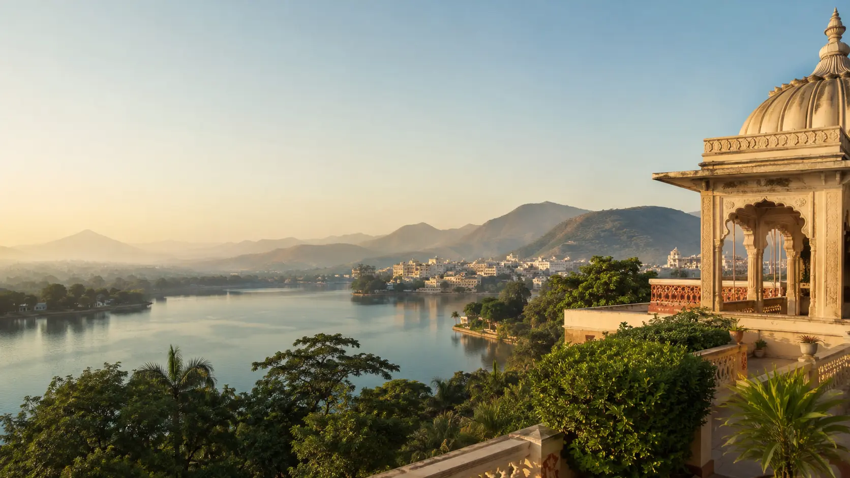 Illustratives Indien-Reisemotiv mit Palastterrasse, See und grünen Hügeln