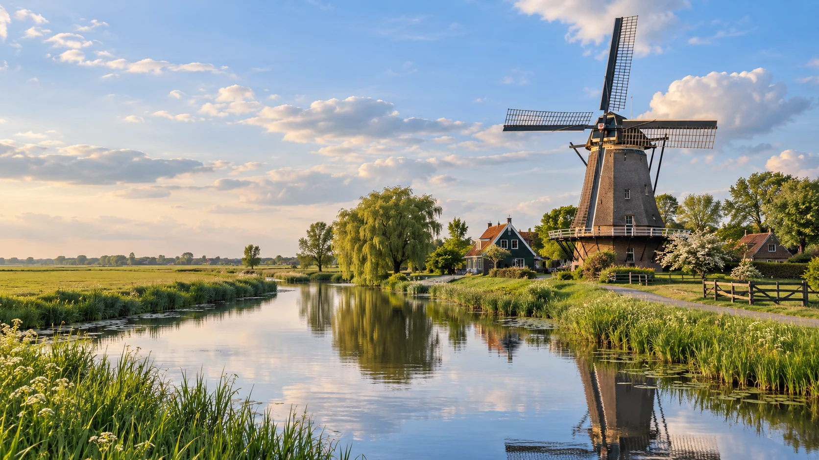 KI-generierte niederländische Landschaft mit Windmühle, ruhigem Kanal und grünen Wiesen