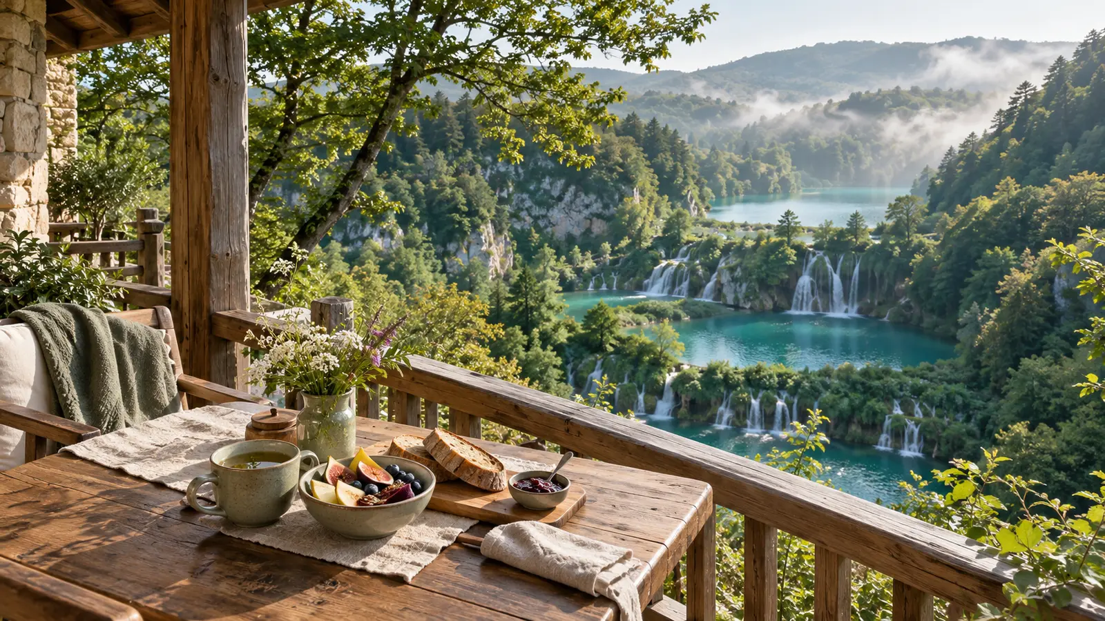 Plitvice-Reisemotiv mit Wasserfällen, Wald und herzhaftem pflanzenbasiertem Frühstück