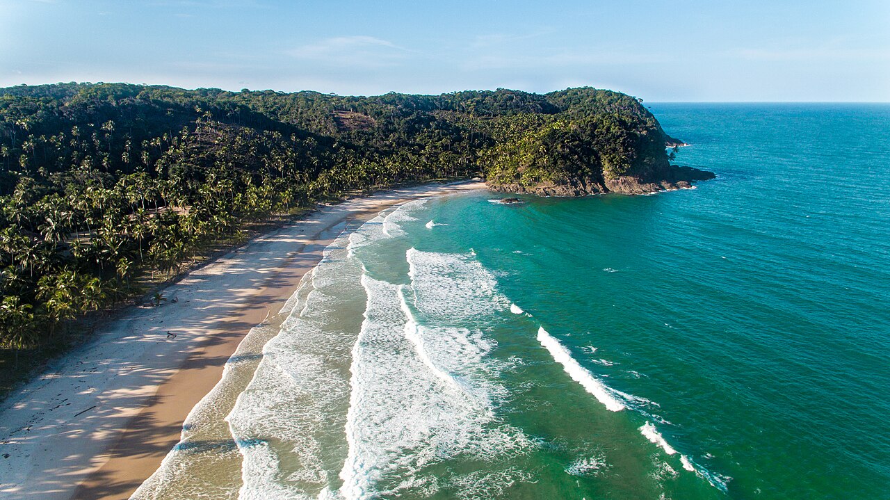 Prainha-Strand mit Palmen und grünen Küstenhügeln bei Itacaré in Bahia
