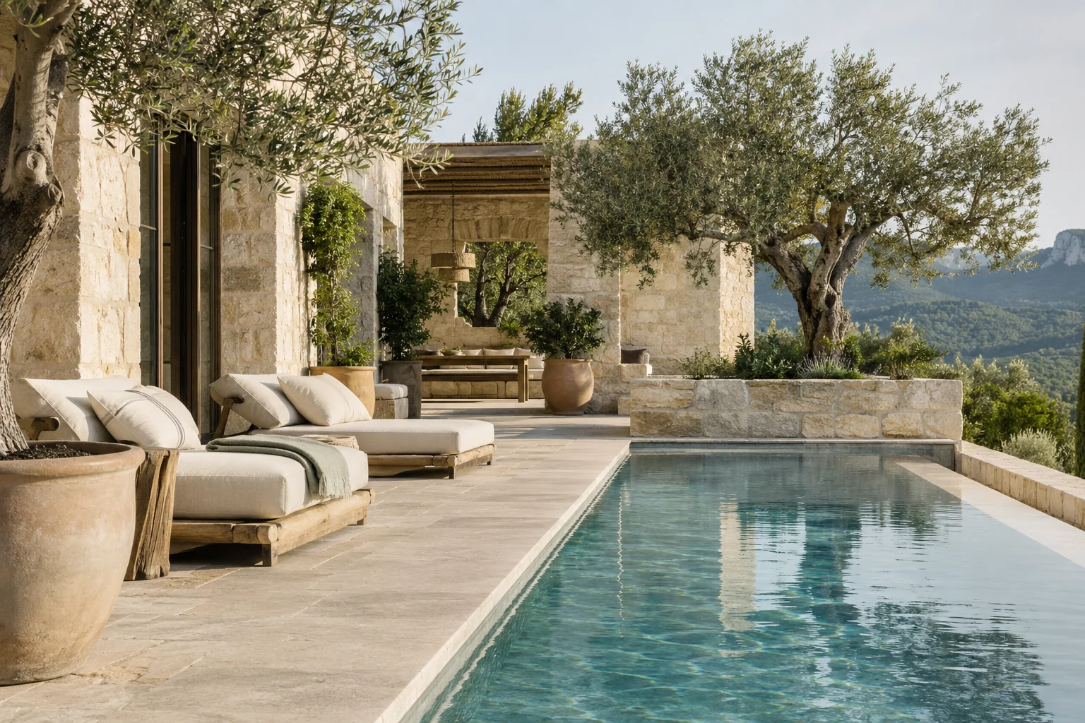 Illustrative Hotelterrasse mit Pool und Olivenbäumen