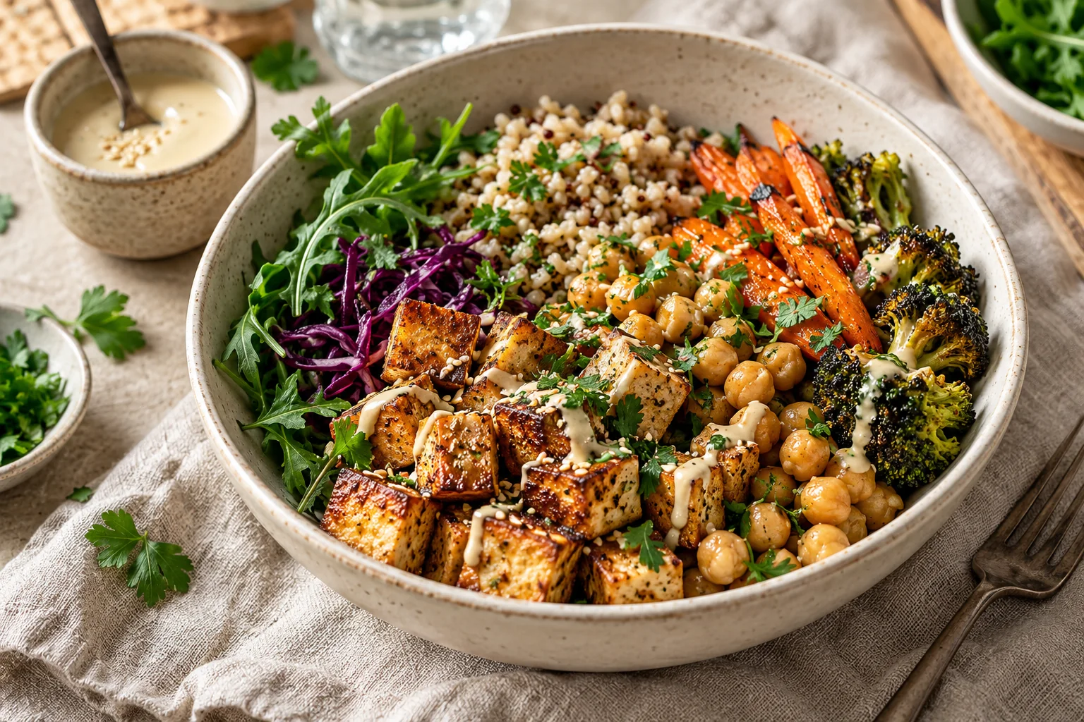 Bunte vegane Mahlzeit mit Tofu, Kichererbsen, Getreide, Ofengemüse und Tahin